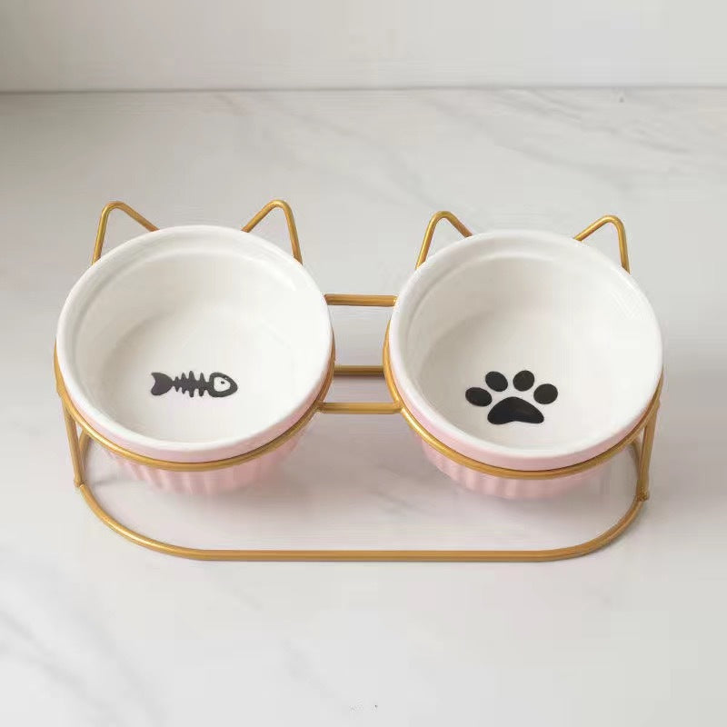 Ceramic Pet Double Bowl Elevated Water Feeding Bowl