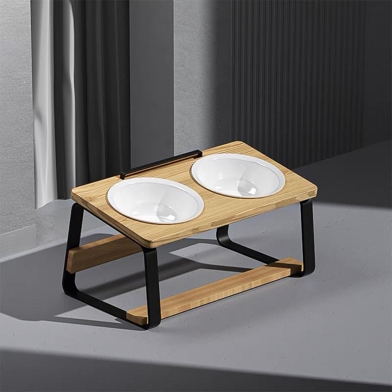 Ceramic Double Bowl Pet Feeding Water Bowl Stand