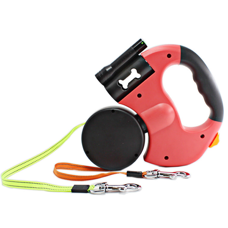Dual Head Pet Leash With Light And Bag Holder Retractable Lead