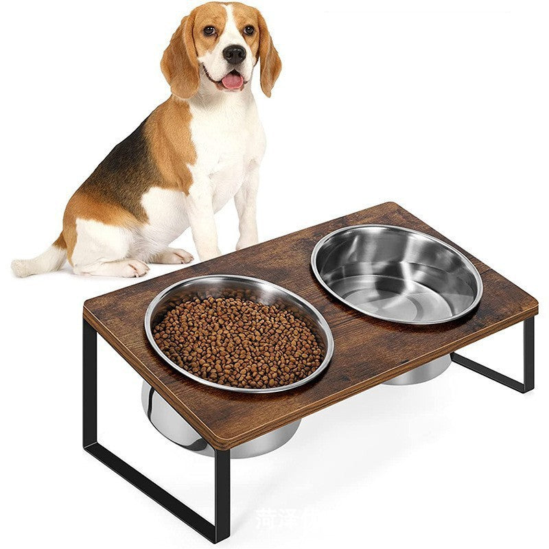 Pet Iron Wood Feeding Rack Bowl Stand Organizer