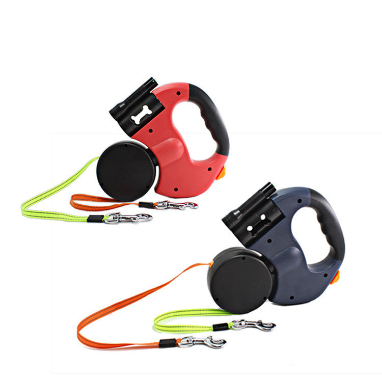 Dual Head Pet Leash With Light And Bag Holder Retractable Lead