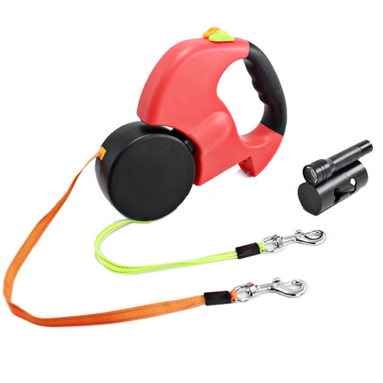 Dual Head Pet Leash With Light And Bag Holder Retractable Lead