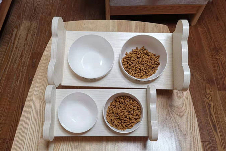 Tilted Solid Wood Double Bowl Pet Feeding Stand