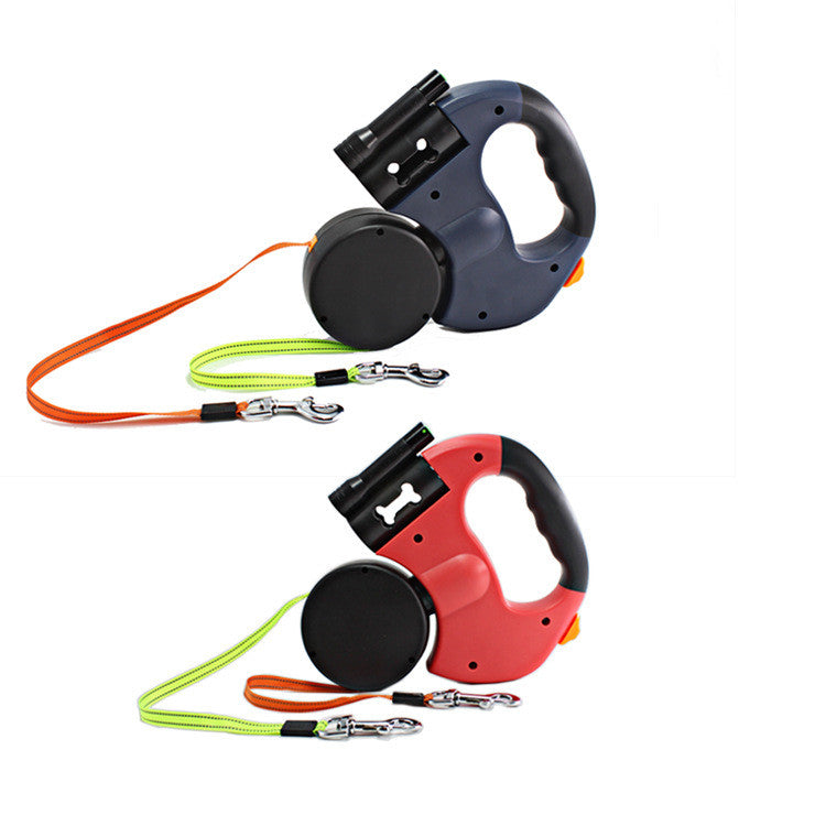 Dual Head Pet Leash With Light And Bag Holder Retractable Lead