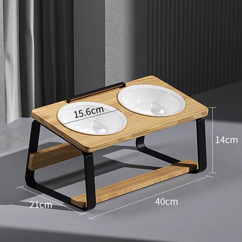 Ceramic Double Bowl Pet Feeding Water Bowl Stand