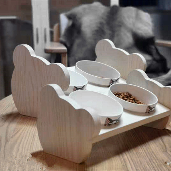 Tilted Solid Wood Double Bowl Pet Feeding Stand