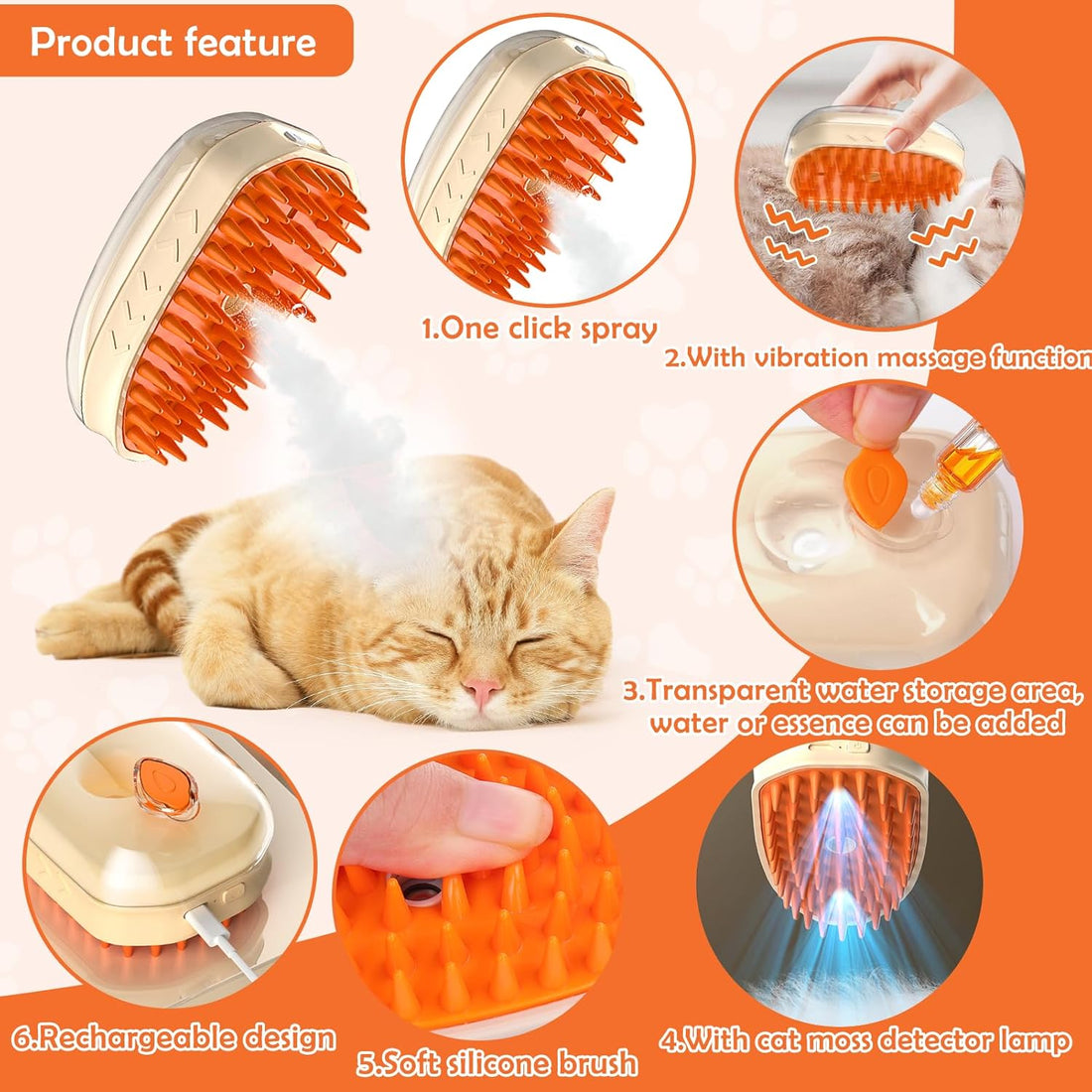 4 In 1 Steam Pet Grooming Brush Hair Removal Massage Tool