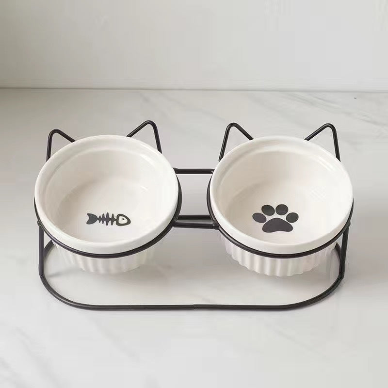 Ceramic Pet Double Bowl Elevated Water Feeding Bowl