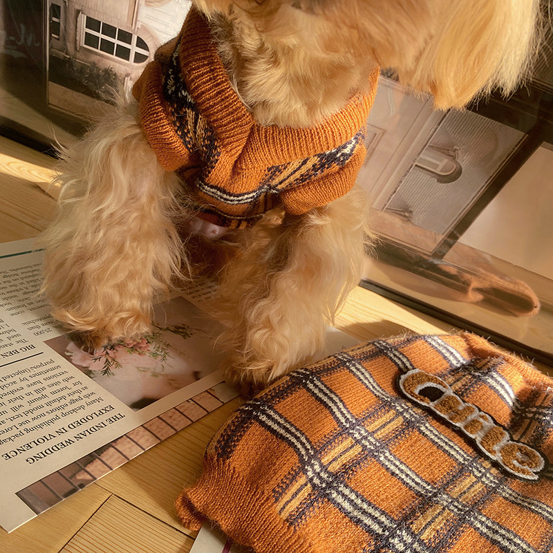 Vintage Plaid Pet Sweater Warm Cozy Pet Clothing